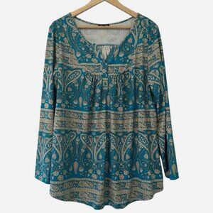 A. Jesdani Women's 2X Teal Blue & Beige Stretch PLUS 3/4 Sleeve Casual Blouse